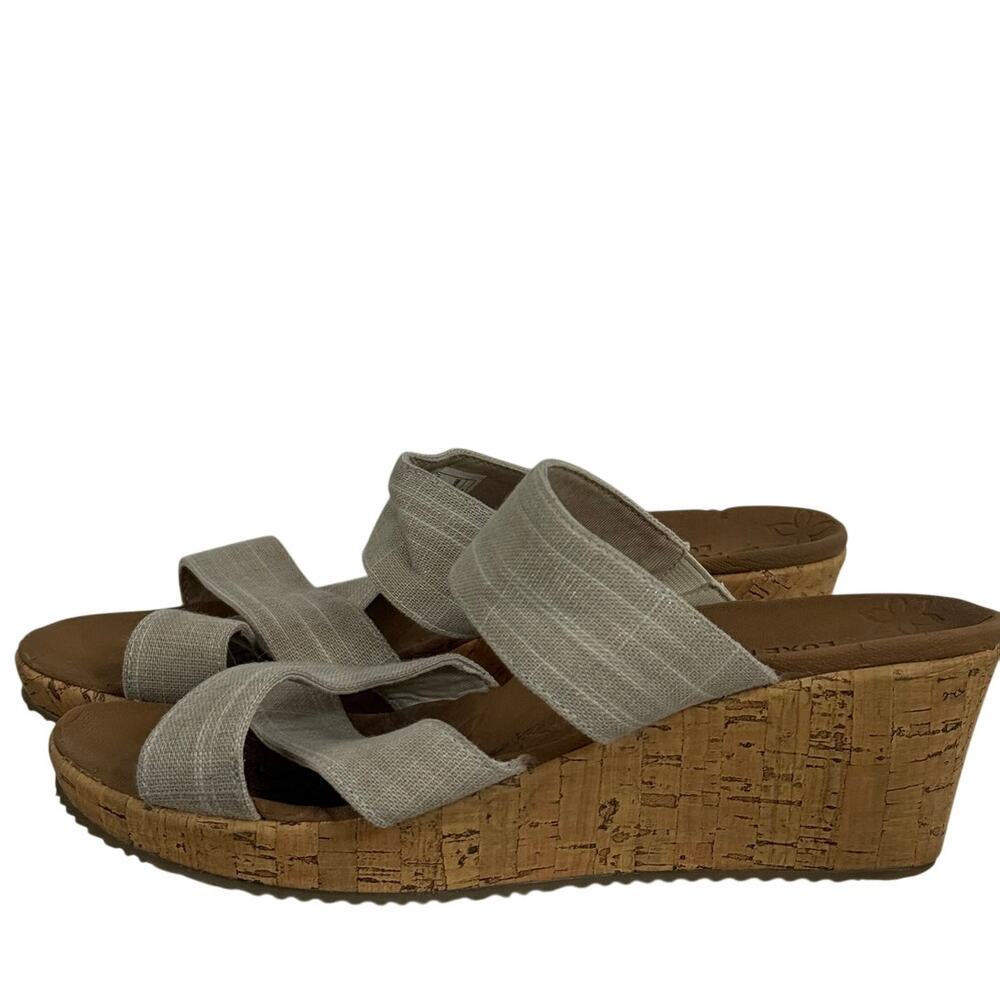 Skechers Luxe Foam Linen Cork Wedge Sandals Strappy Comfort Slip Women's Size 7M